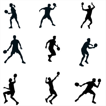 set of table tennis silhouettes , collection of table tennis players silhouettes