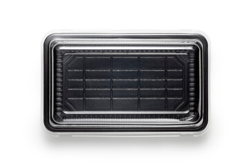 black plastic food tray with lid isolated on white background, top view.
