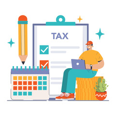 Streamlined Tax Planning concept. An individual organizes taxes using a laptop, with a giant checklist and calendar signifying timely filing. Flat vector illustration - obrazy, fototapety, plakaty