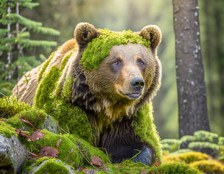 Wild beauty: A bear covered in moss, blending with nature's embrace. Unique, captivating, and powerful imagery for your creative projects. Explore the untamed with this stunning stock photo.