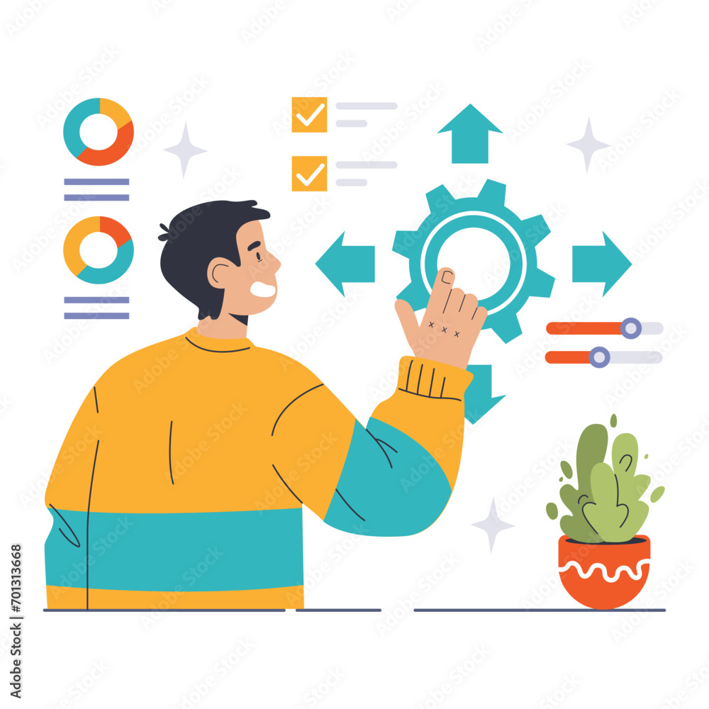 Poster scalability concept illustration with a man adjusting a cog, representing the dynamic expansion of b