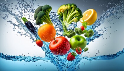 fruits and vegetables in swirling water suitable for background or cover