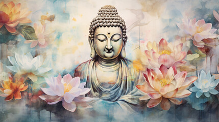 buddha statue in the temple color painting - obrazy, fototapety, plakaty