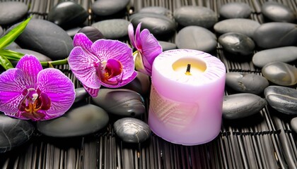 candle with orchids and lava stones suitable background for wellness