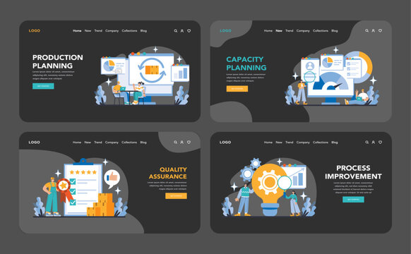 Production and Quality night or dark mode web or landing page set. A collection of web banners depicting essential phases in operational excellence, from planning to process improvement.