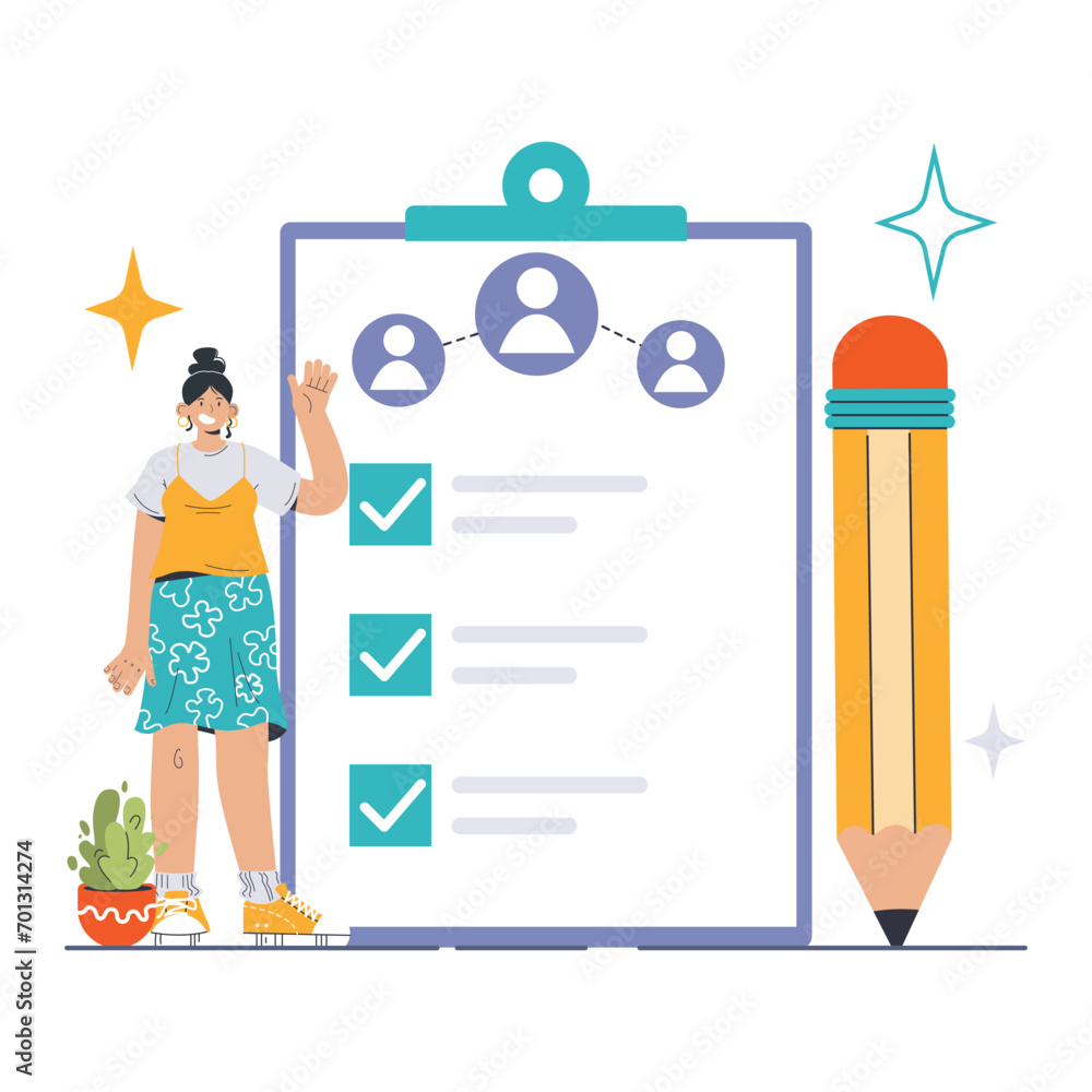 Poster task assignment concept. efficient team member allocating duties, checklist for project tracking. de