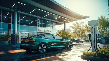 Electric vehicle charging at a solar-powered station, showcasing eco-friendly energy use and sustainability