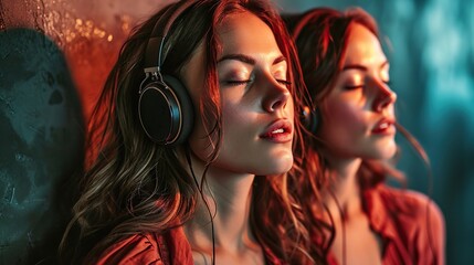 An attractive woman in headphones is listening to a music
