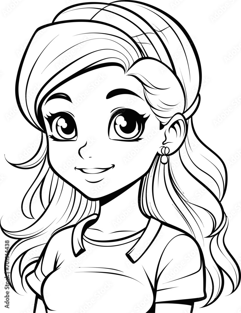 Wall mural cute girl vector image, black and white coloring page - Wall murals