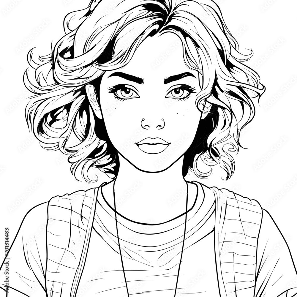 Sticker cute girl vector image, black and white coloring page