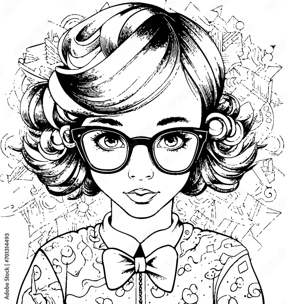 Wall mural cute girl vector image, black and white coloring page - Wall murals
