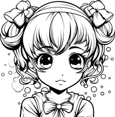 Cute girl vector image, black and white coloring page