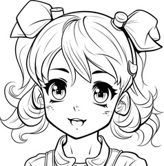 Cute girl vector image, black and white coloring page
