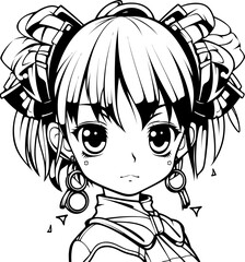 Cute girl vector image, black and white coloring page