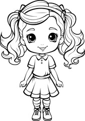 Cute girl vector image, black and white coloring page
