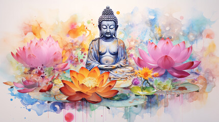 water colour buddha statue in the lotus position - obrazy, fototapety, plakaty