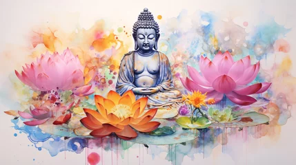 Zelfklevend Fotobehang water colour buddha statue in the lotus position © ZenArt