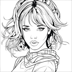 Cute girl vector image, black and white coloring page