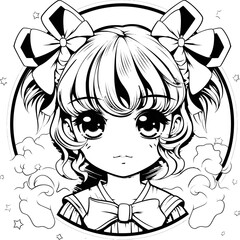 Cute girl vector image, black and white coloring page