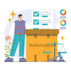 Election. Democratic procedure, citizens choosing political party or candidate by the electoral process. Character checking a ballot on a referendum. Flat vector illustration