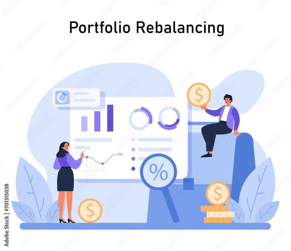 Poster portfolio strategy concept. analyzing and adjusting asset distributions to optimize financial perfor