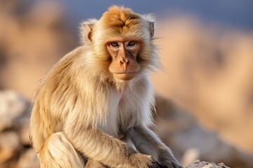 A clever monkey, captured in an award-winning wildlife photograph, sits on a rock holding a long knife.