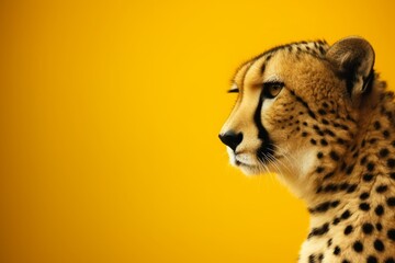A photorealistic print showcases a relaxed cheetah against a soft yellow background, its sleek yellow eyes in sharp focus.
