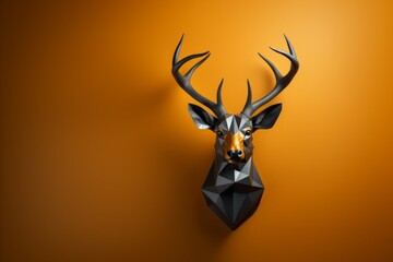 A geometric 3D render presents a deer head on a wall, showcasing the beauty of low poly art. - obrazy, fototapety, plakaty