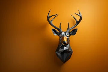 Poster A geometric 3D render presents a deer head on a wall, showcasing the beauty of low poly art. © Duka Mer