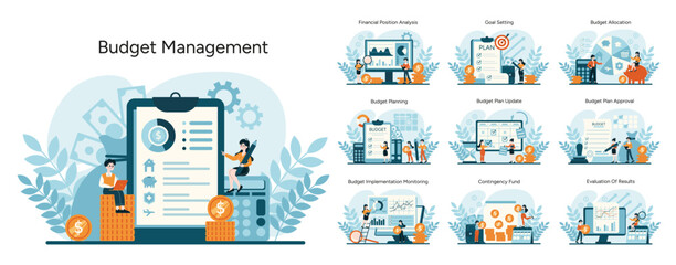 Budget Management set. Steps from analysis to evaluation for efficient finance control. Essential fiscal strategies for success. Flat vector illustration - obrazy, fototapety, plakaty