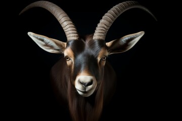 A goat's head, complete with copper horns, is portrayed against a black background in an portrait.