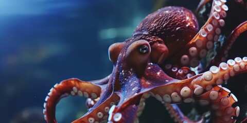 A marine animal, a giant octopus with its mouth open, is depicted as a robotic octopus with oily tentacles. - obrazy, fototapety, plakaty