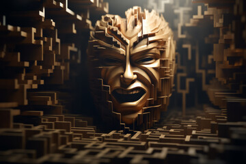 A complex 3D set design presents a golden theater mask in the middle of a maze, evoking drama and character.