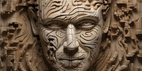 An intricate 3D sculpture of a person's face showcases detailed and symmetric features in geometric wood carvings.