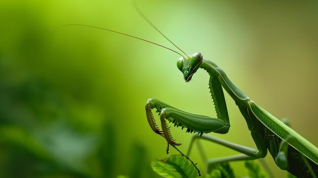 A predatory praying mantis, resembling an alien insect, perches on a plant in an macro photograph.