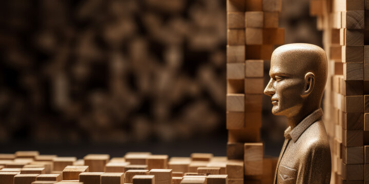 A surreal 3D portrait features a statue of a man standing in front of a pile of cubic blocks, hinting at AI singularity.