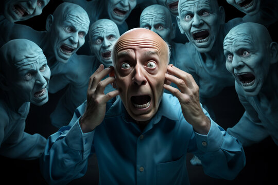 A man, gripped by achluophobia and pediophobia, holds his head before a group of creepy faces in a horrific surreal nightmare.