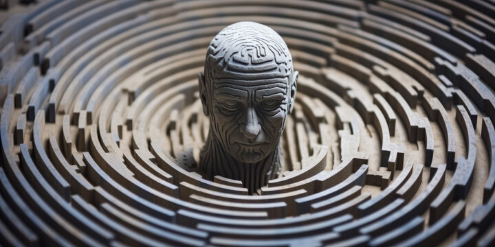 A tortured face, carved from wood, forms an intricate sculpture of a man's head set within a maze.