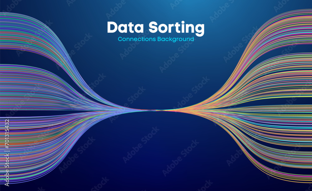 Poster data sorting colorful lines background. data flow technology illustration