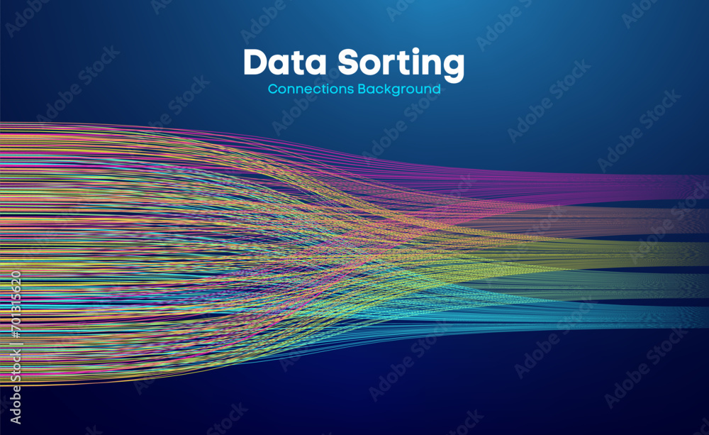 Poster data sorting colorful lines background. data flow technology illustration