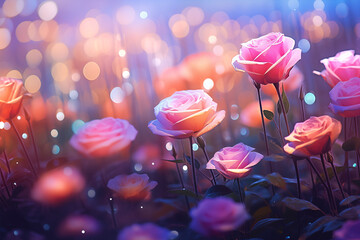 A field of colorful roses with beautiful, sparkling pastel bokeh. - obrazy, fototapety, plakaty