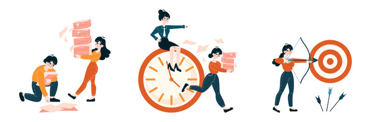 Time Management set. Dynamic business people tackle deadlines, prioritize tasks, aim for targets. Efficient workflow and punctuality theme. Flat vector illustration