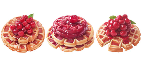 watercolor illustration, berry dessert, set cherry waffles, fruit pastries, isolated on a white background