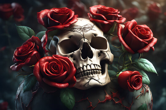 generated AI white skull surrounded by a wreath of red roses and green leaves on a rock.