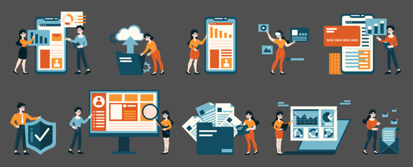 Digital Marketing set. Characters managing data analysis, cybersecurity, and online transactions. Interactive tech engagement and information processing. Flat vector illustration.