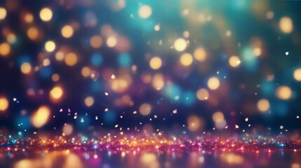 abstract background with light shine golden particles bokeh on colorful background. texture. Holiday concept.