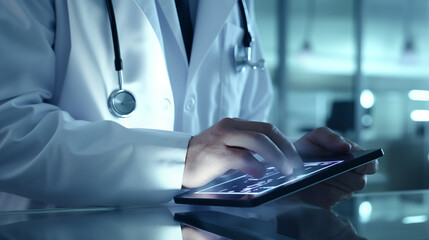 doctor looking at digital patient file on a tablet - obrazy, fototapety, plakaty