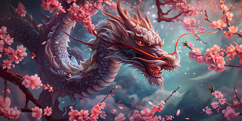 chinese dragon, astral background, chinese zodiac background, cherry blossoms, flowers, chinese new year - obrazy, fototapety, plakaty