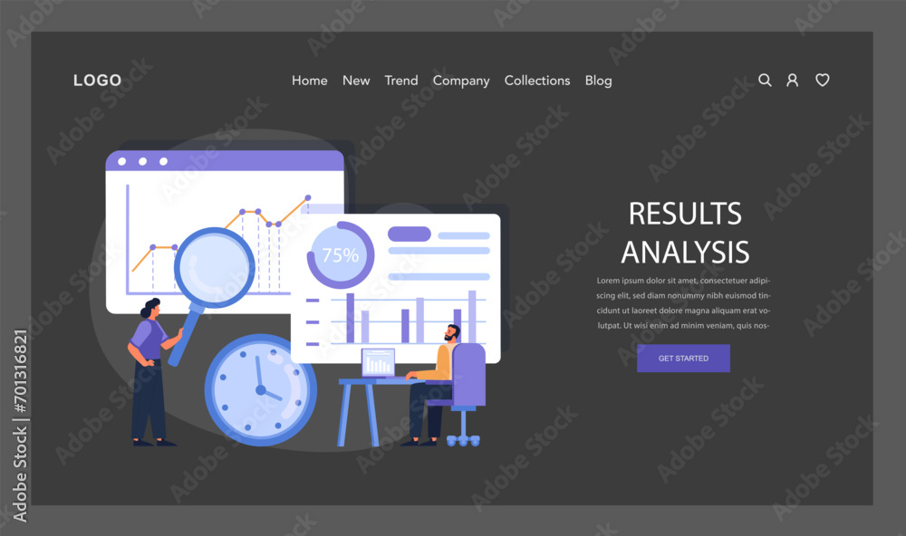 Poster Results Analysis web or landing. Experts scrutinize project outcomes using data visualization, marking a critical evaluation stage in the Design Thinking process. Flat vector illustration