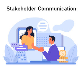 Businessman and businesswoman shaking hands through computer screens, signifying digital collaboration and stakeholder engagement in the virtual workspace. Flat vector.